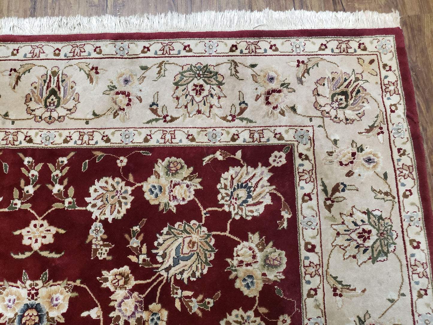 Vintage Traditional Oriental Area Rug, Hand-Knotted, Wool & Silk Accents, Maroon Red and Beige, 6x9 Carpet, 5' 9" x 9'