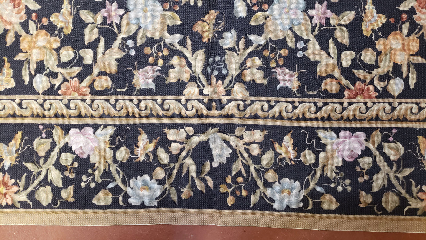 6x9 Vintage Needlepoint Rug, Petitepoint Carpet, Butterflies Floral Design