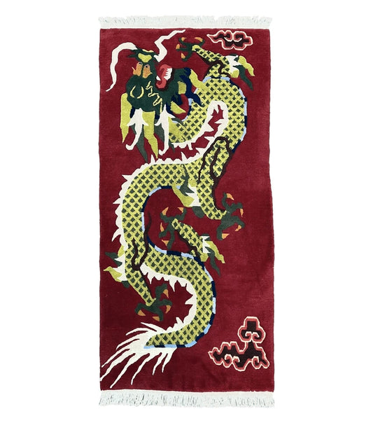 Vintage Chinese Dragon Rug 3 x 6.8, Handmade Hand Knotted Red Chinese Carpet with Gold Dragon, Art Deco Peking Soft Chinese Rug Runner