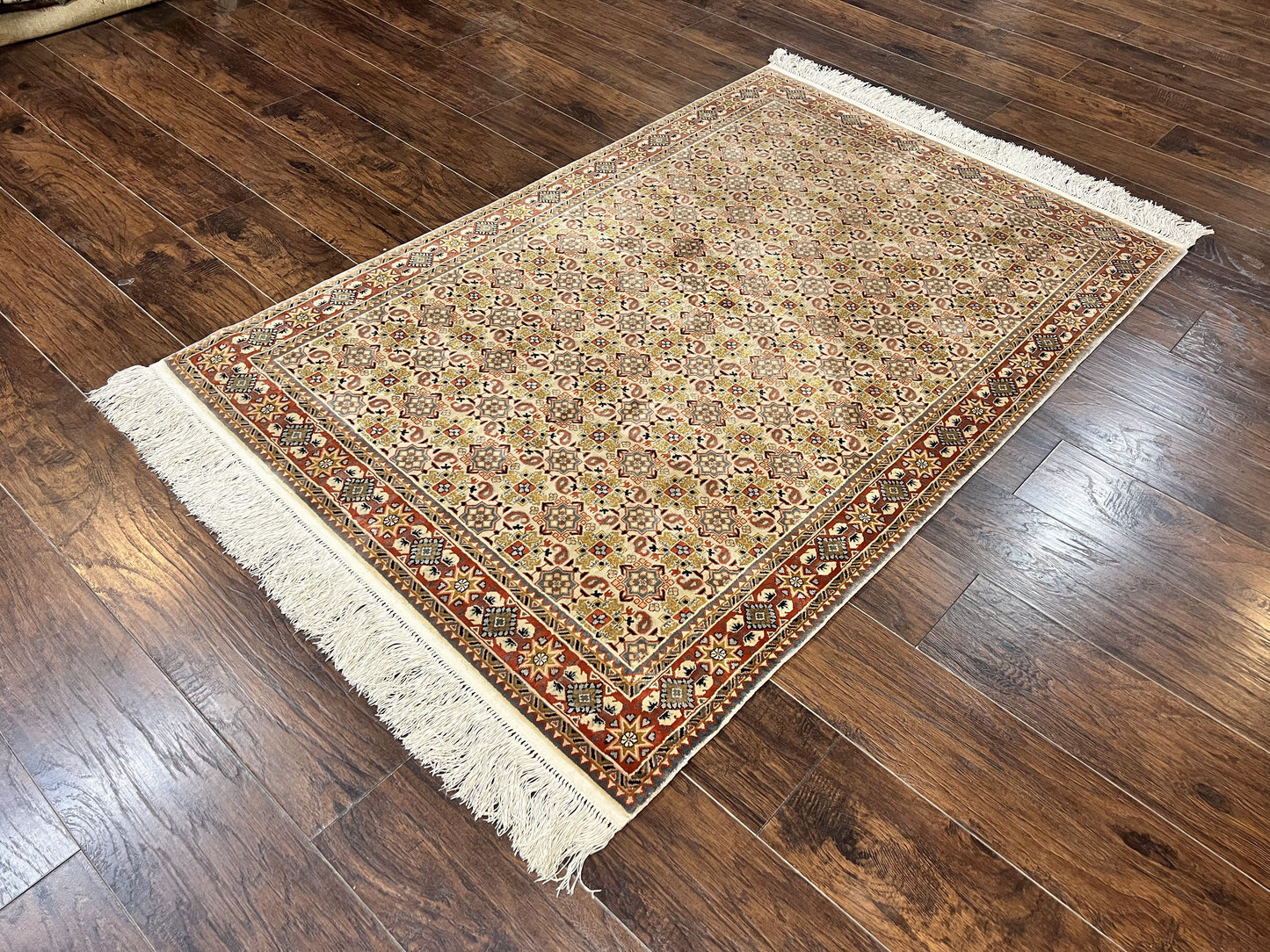 Turkish Kayseri Silk Rug 4x6, Hand Knotted Handmade Vintage Allover Pattern, Fine Silk Oriental Carpet 4 x 6 ft, Traditional Rug, Cream