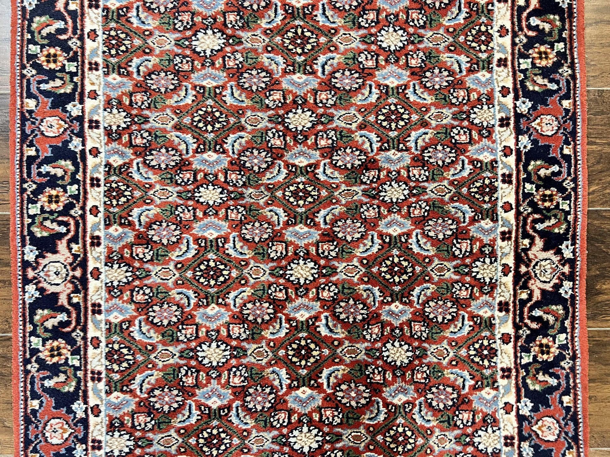 Indo Persian Rug 3x5, Red and Navy Blue, Wool Vintage Handmade Small Carpet 3 x 5 ft, Herati Pattern, Bidjar Rug