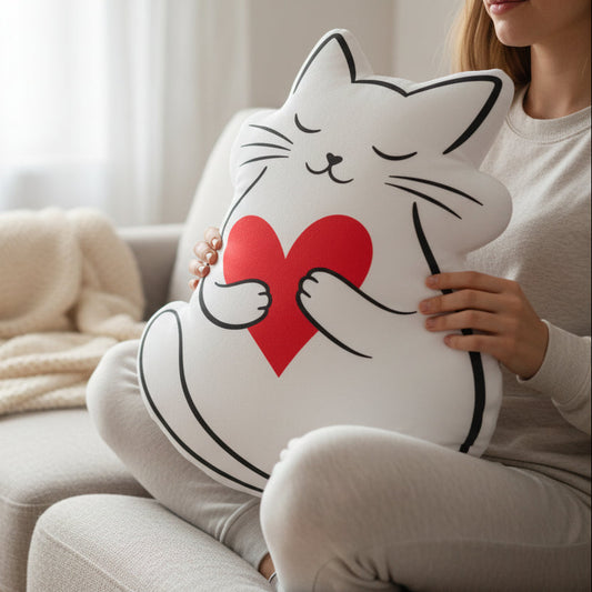 Cat Holding Heart Pillow — Soft Love, Slightly Judged