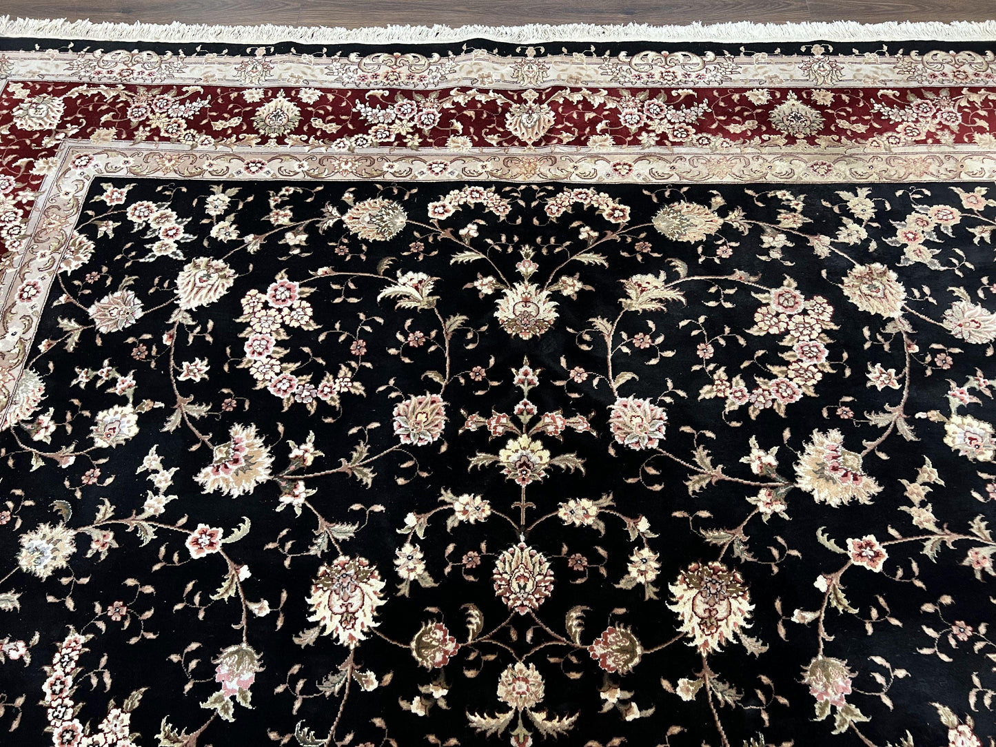 Sino Persian Rug 9x12, High Quality Oriental Carpet, Black and Maroon, Wool and Silk, Allover Floral Pattern, Hand Knotted, Vintage Rug Nice