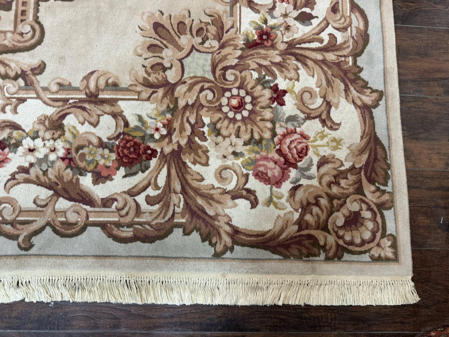 Aubusson Rug 8x12, European French Savonnerie Design, Thick Wool Pile, Elegant Rug, Cream Beige Light Green