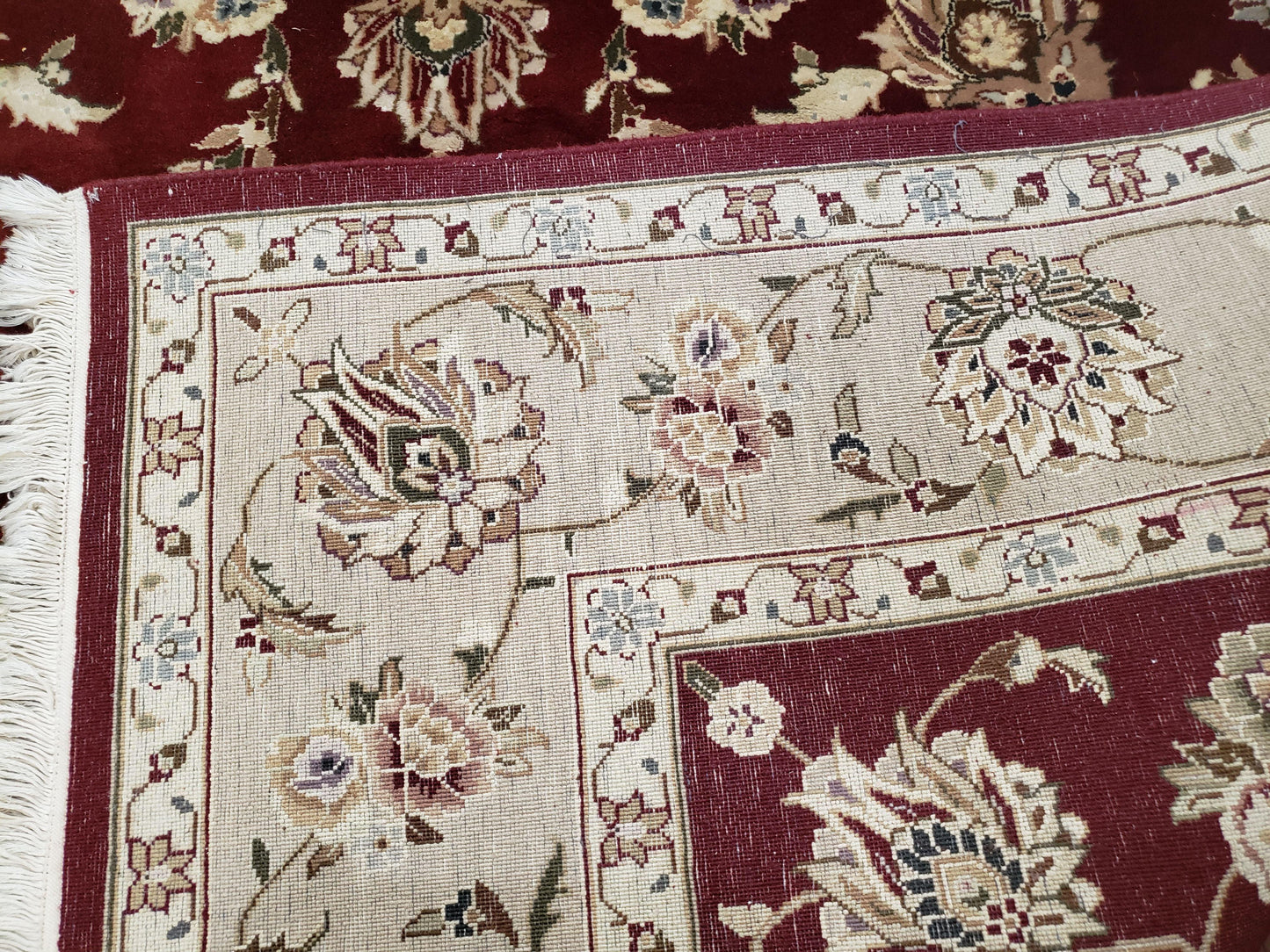Vintage Traditional Oriental Area Rug, Hand-Knotted, Wool & Silk Accents, Maroon Red and Beige, 6x9 Carpet, 5' 9" x 9'
