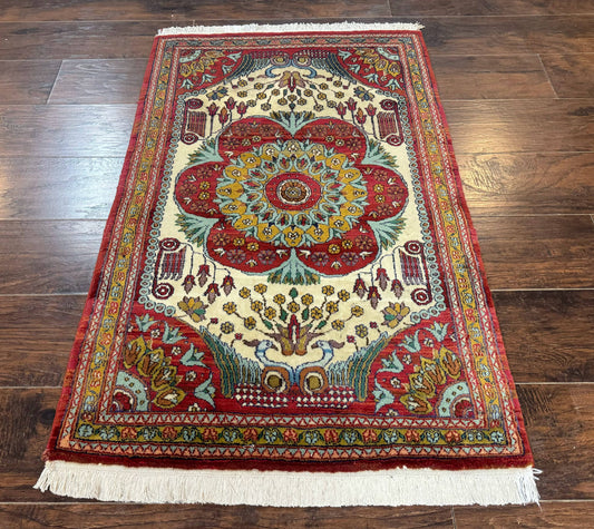 Persian Bijar Rug 2.6 x 4, Antique Carpet, Brick Red and Ivory