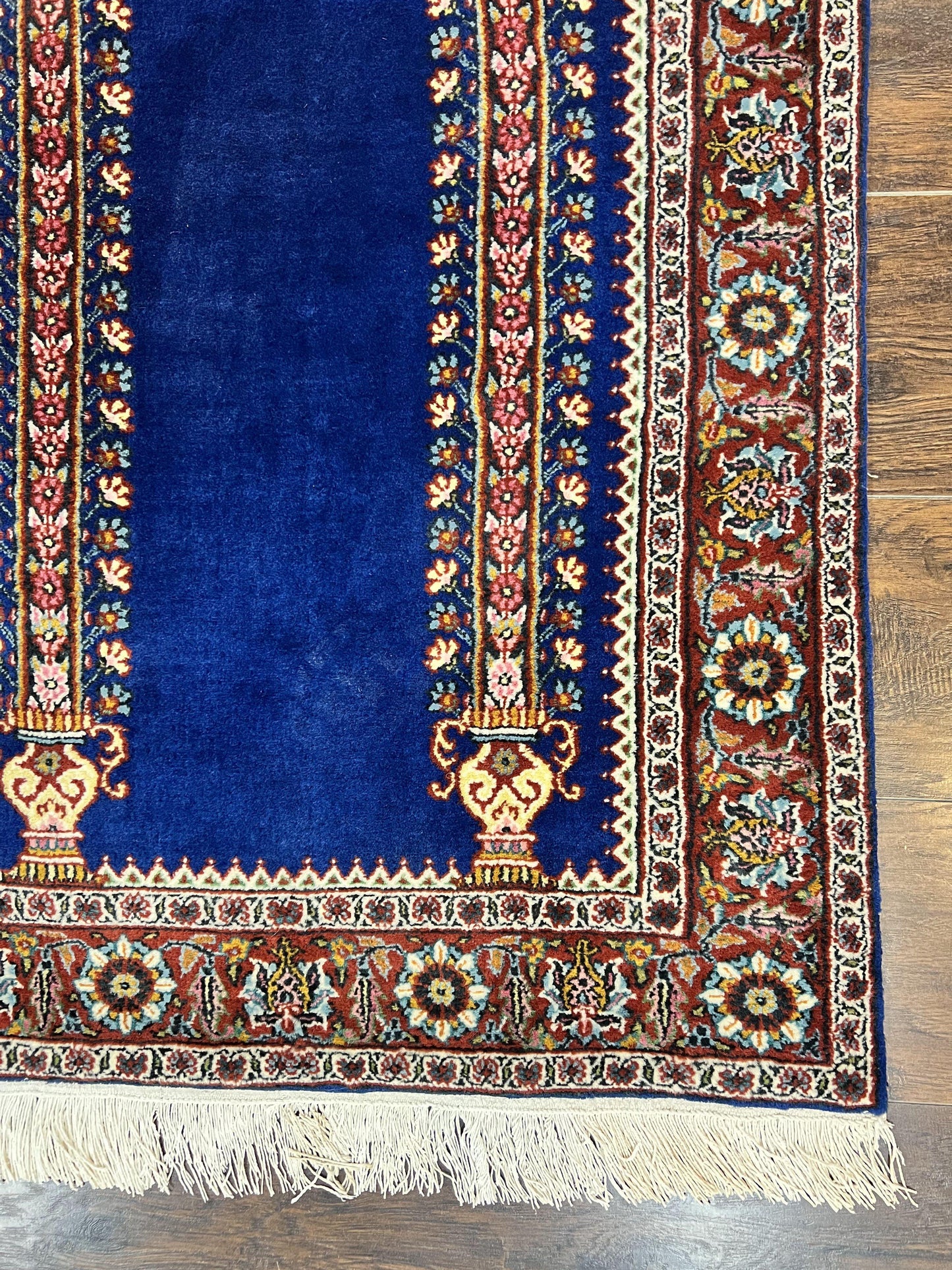 Indo Persian Prayer Rug 3x5, Fine Oriental Carpet, Dark Blue and Red, Vintage Hand Knotted Handmade Prayer Rug