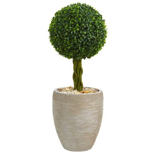 2.5'Boxwood Ball Topiary Artificial Tree in Sand Colored Oval Planter UV Resistant (Indoor/Outdoor)
