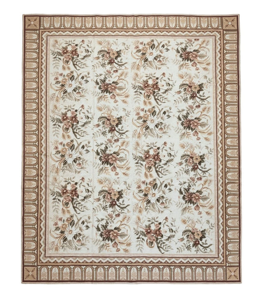 Needlepoint Rug 8x10 Aubusson Rug Victorian Floral Rug Handmade French Style French Decor Garden Panel Beige 8 x 10 Area Rug 100% Wool