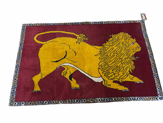 Persian Gabbeh Rug 3x4, Lion Pictorial, Red