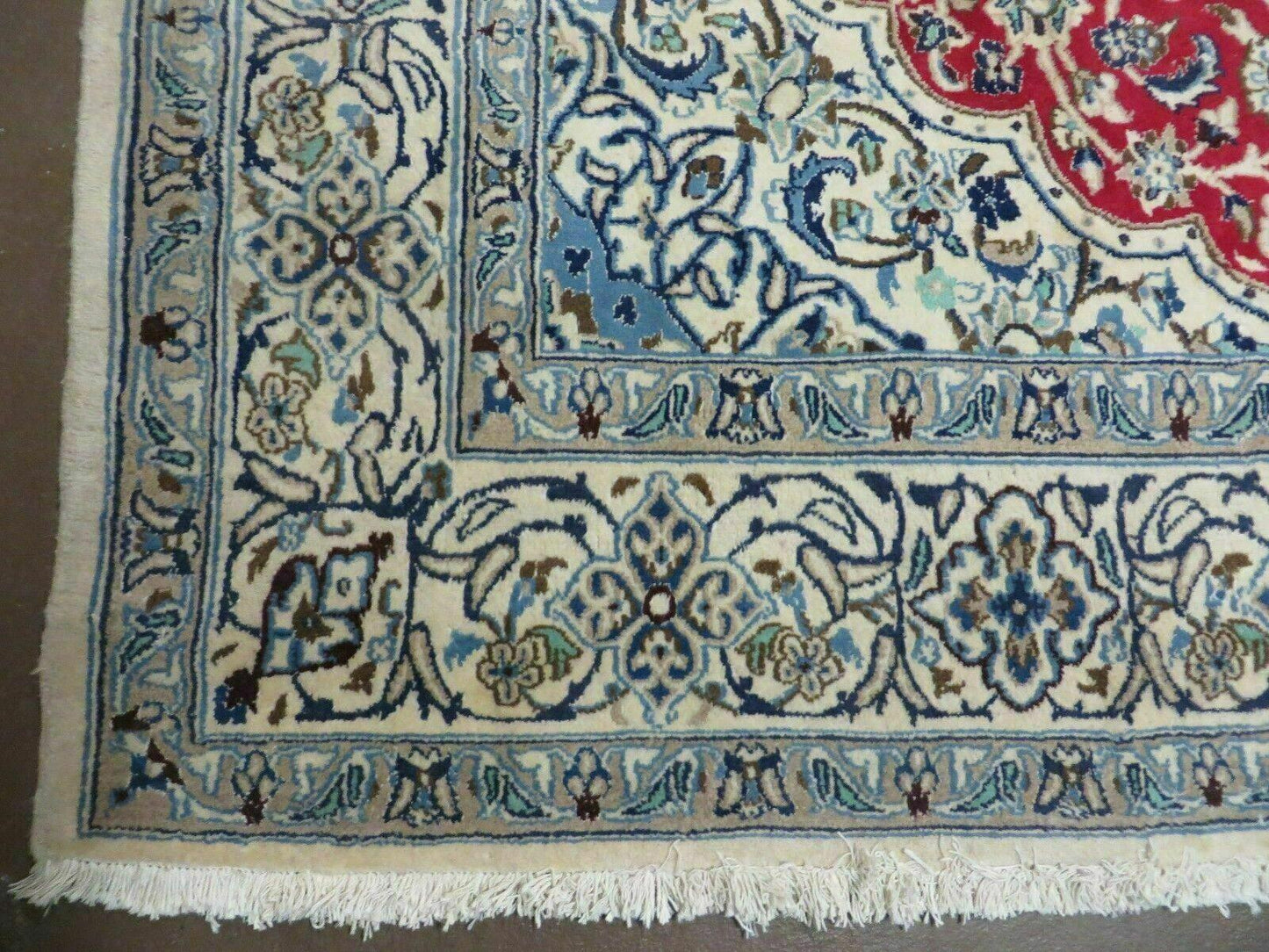 Square Persian Nain Rug 6'3" x 6' 8", Hand-Knotted, Wool with Silk Accents, Ivory Red Blue