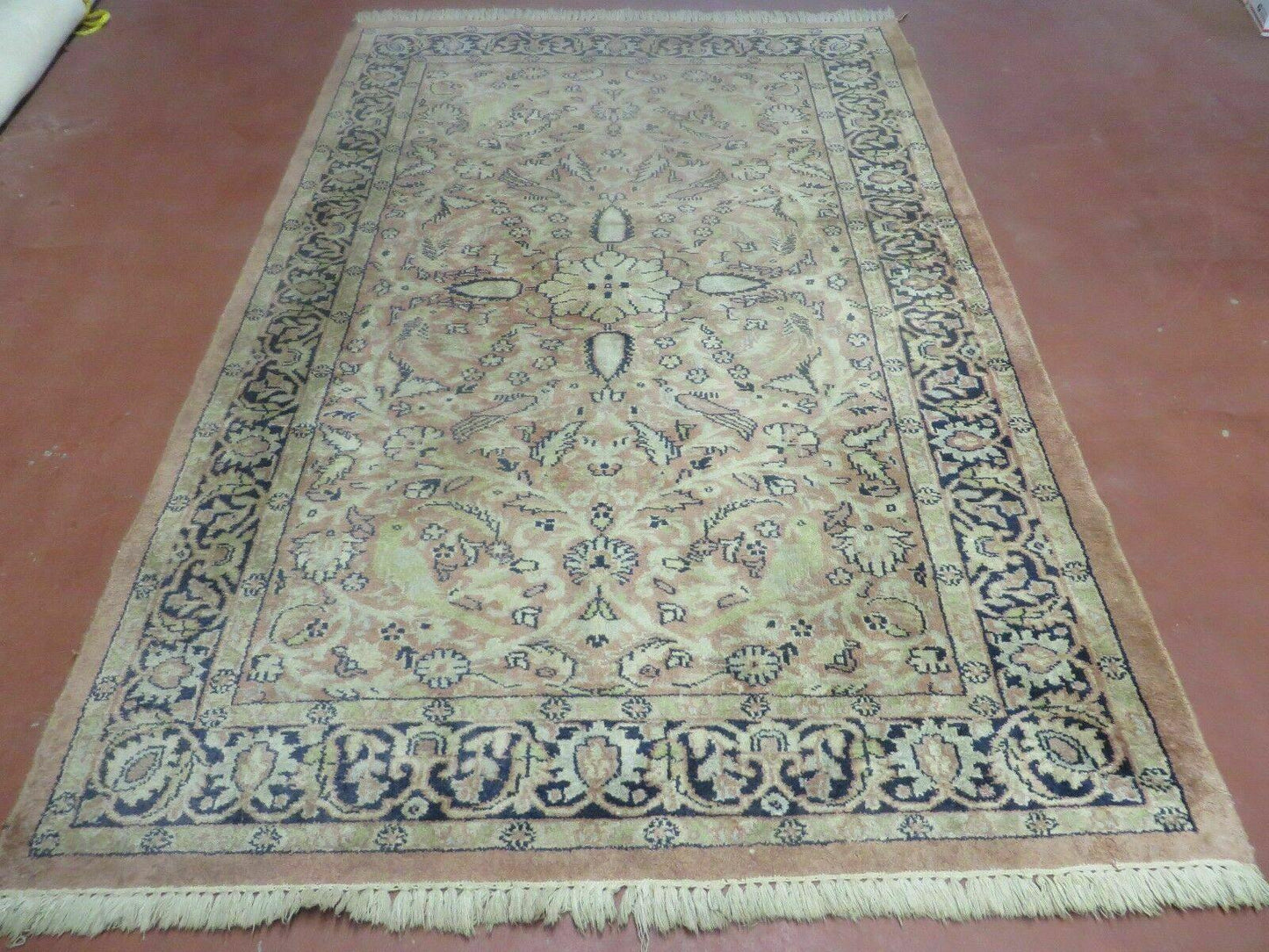 Indian Silk Rug 4x6, Indian Kashmiri Silk Carpet 4 x 6 ft, Vintage Hand Knotted Floral Bird Motifs, Light Pink and Navy Blue, Silk on Cotton