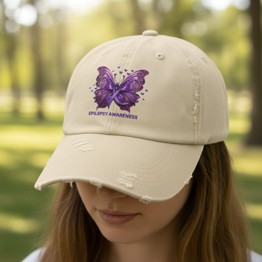 Epilepsy Awareness Butterfly Distressed Hat – Purple Ribbon Awareness Cap