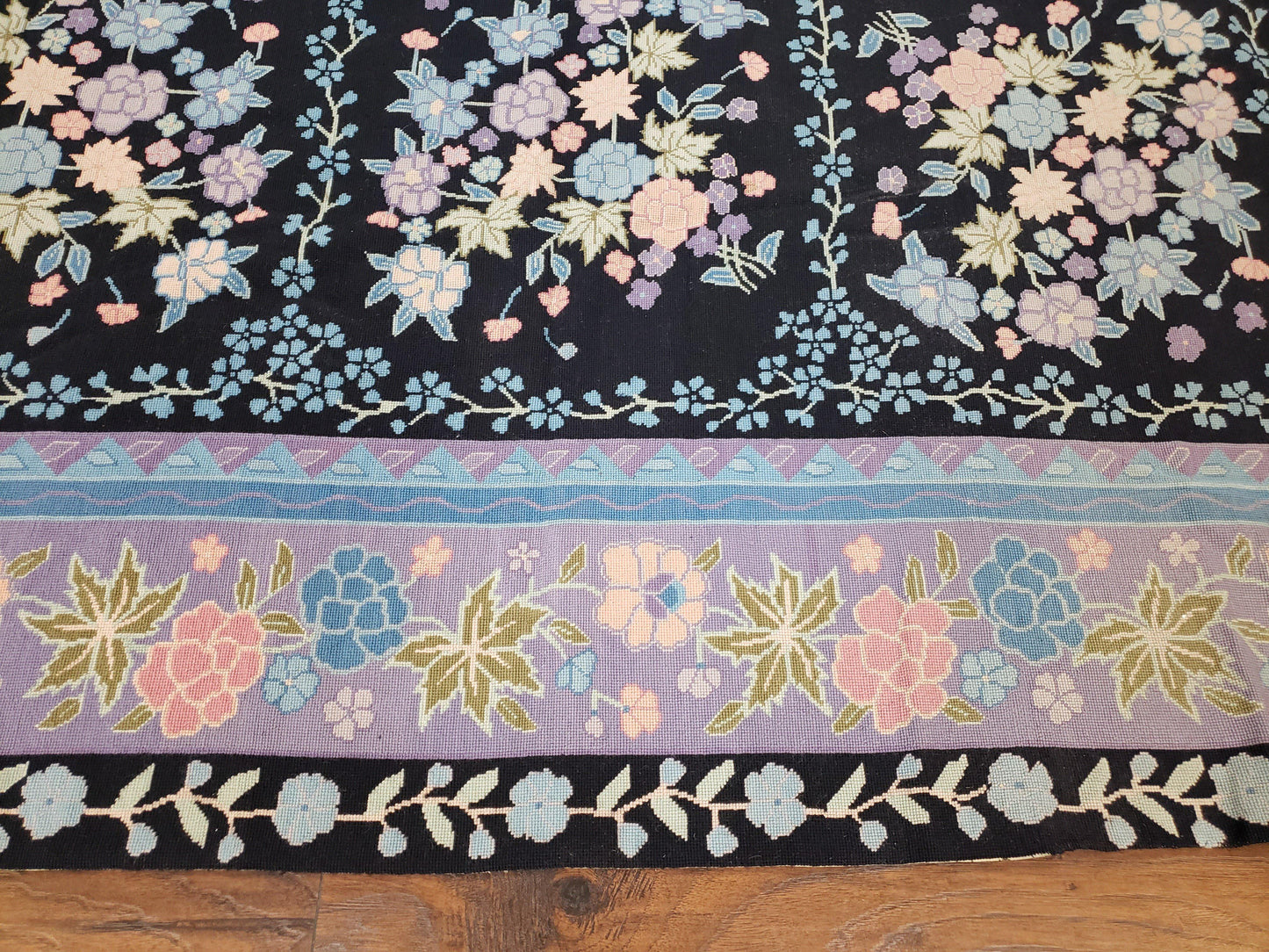 Chinese Needlepoint Rug 8 x 11.4, Hand-Woven Area Carpet, Flatweave Rug, Black Blue Light Violet Floral Garden European Design Wool Aubusson