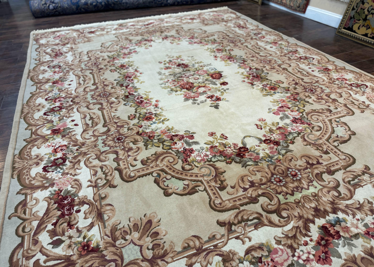 Aubusson Rug 8x12, European French Savonnerie Design, Thick Wool Pile, Elegant Rug, Cream Beige Light Green
