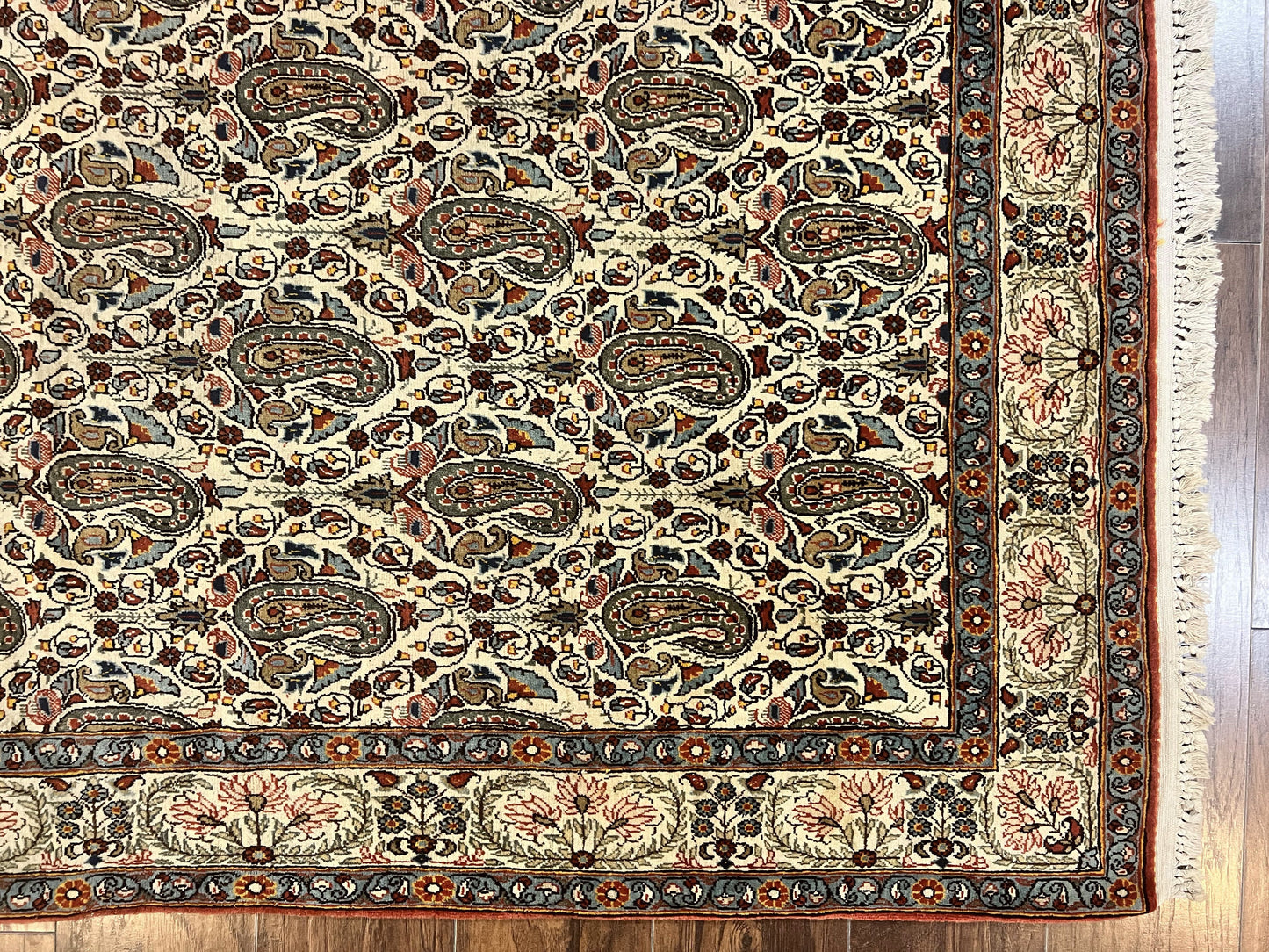 Persian Qum Rug 5x6, Cream Wool Hand Knotted Carpet, Repeated Boteh Paisely Design, Semi Antique Vintage Rug, Very Fine Weave 5 x 6 Rug
