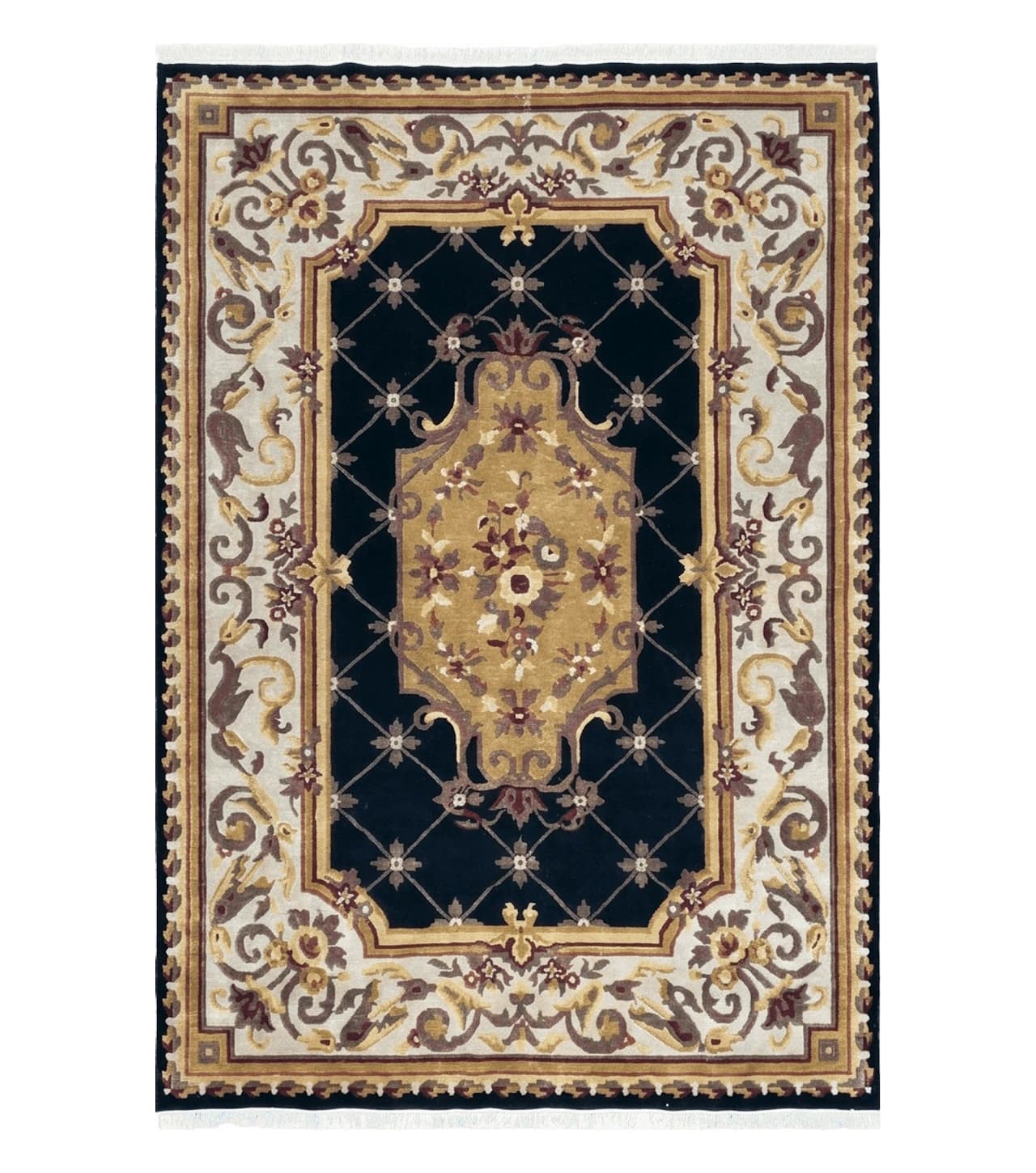 6x9 Nepalese Rug, Aubusson Savonnerie Area Rug 6 x 9 with Soft Pile, Hand-Knotted Wool Black & Beige Tibetan New Carpet European Design