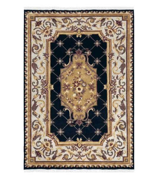 6x9 Nepalese Rug, Aubusson Savonnerie Area Rug 6 x 9 with Soft Pile, Hand-Knotted Wool Black & Beige Tibetan New Carpet European Design