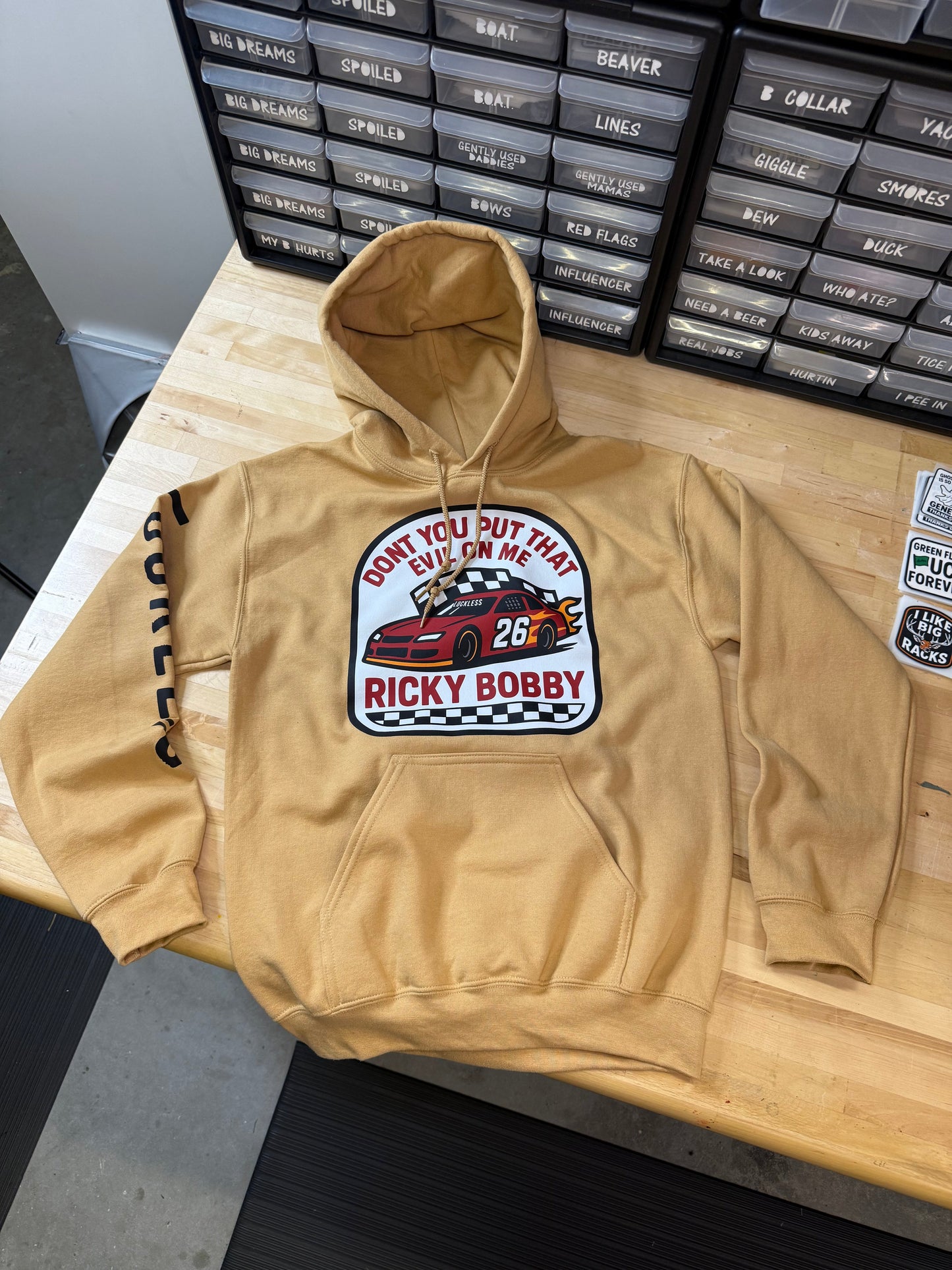 Ricky Bobby Hoodie – Don’t You Put That Evil on Me – Funny Racing-Inspired Hoodie by Luckless Outfitters