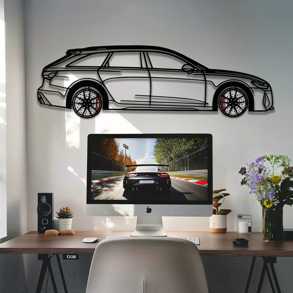 Audi RS6 Avant Metal Car Wall Art with Rotating Wheels - Super Wagon Silhouette Decor - Interactive Automotive Wall Art - KAFMEKA098