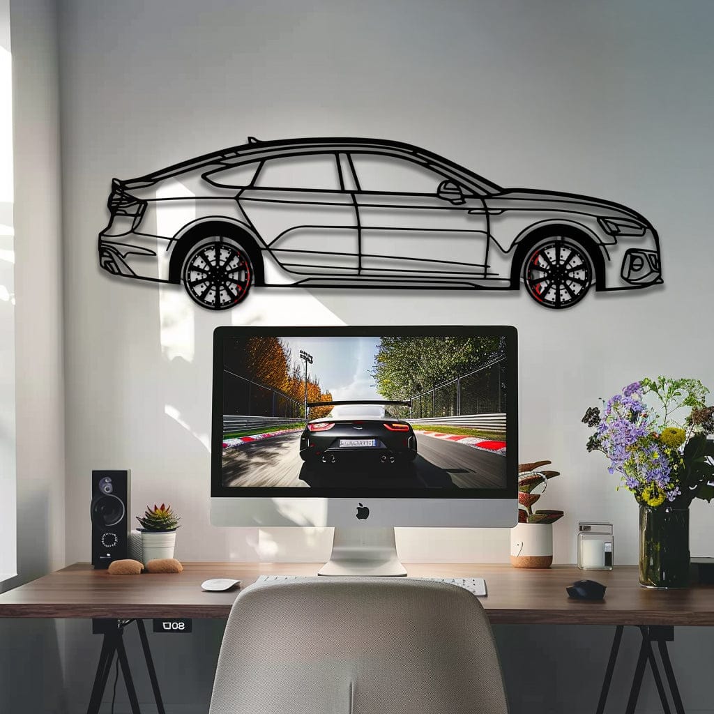 Audi RS5 Metal Car Wall Art with Rotating Wheels - Performance Sportback Silhouette Decor - Interactive Automotive Wall Art - KAFMEKA097