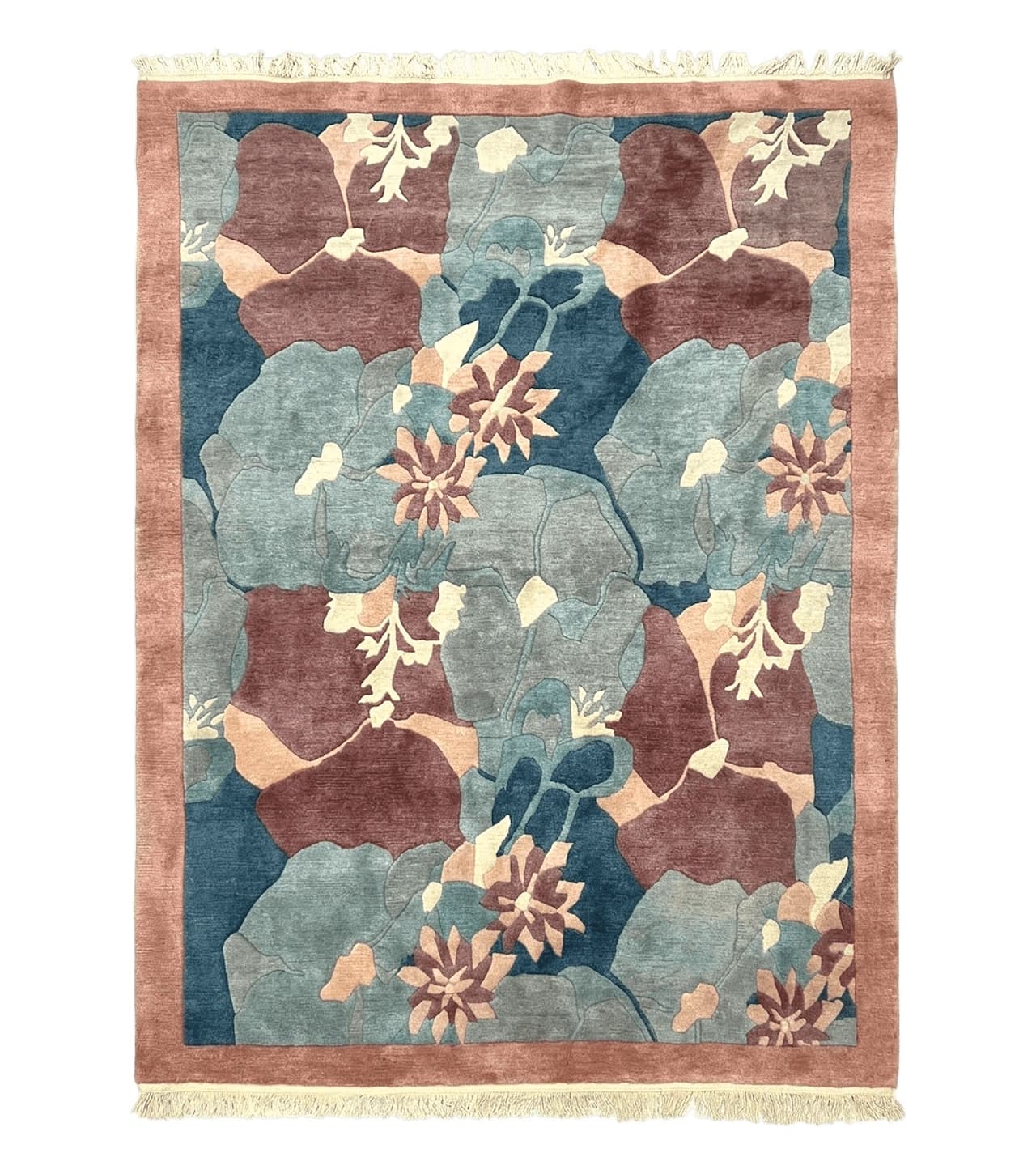 Modern Tibetan Rug 5.7 x 7.9, Abstract Multicolor Flower Pattern, Navy Blue Maroon Salmon, Soft Wool, Hand Knotted Contemporary Carpet 6x8