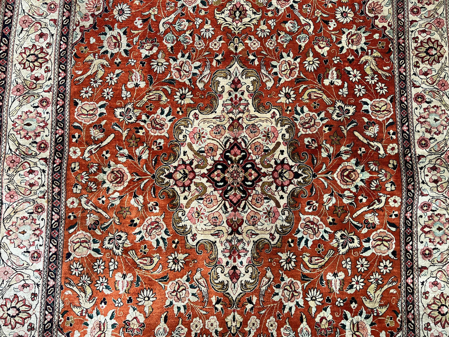 Persian Qum Silk Rug 5x7 - Floral Medallion, Birds, Orange-Red