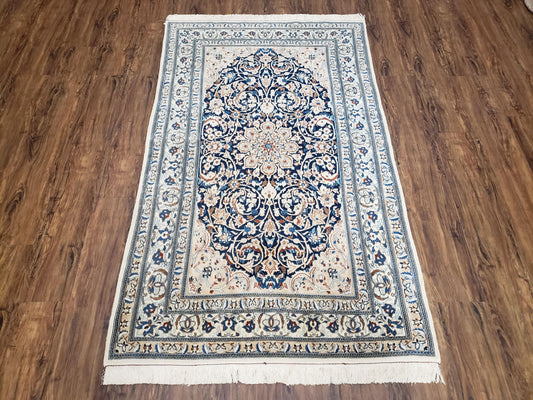 Persian Nain Rug 4x6, Ivory and Blue, Hand-Knotted, Wool & Silk