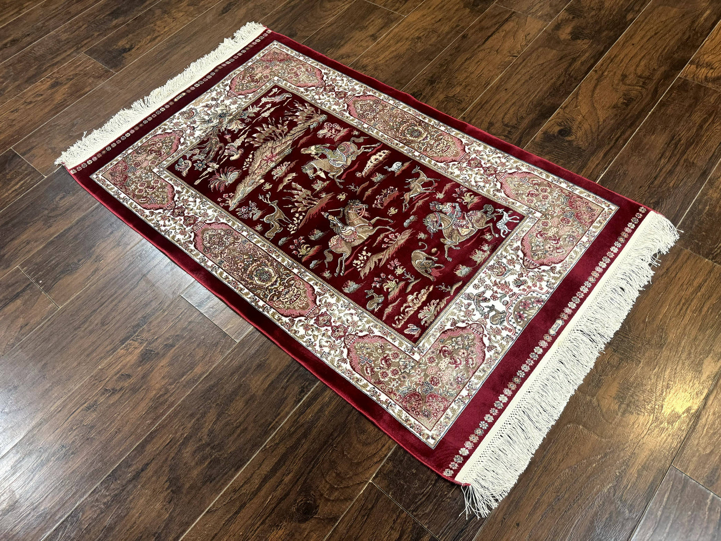 Dark Red Turkish Silk Rug 2.6 x 4, Hunting Design Scene, Bamboo Silk