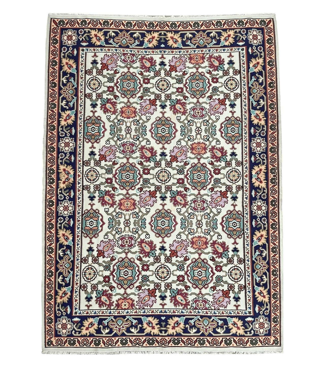 Antique Turkish Kilim Rug 7x10 Allover Pattern, Ivory Cream Maroon Light Blue, Wool Flatweave Hand Woven, Large Kilim, Vintage Kilim Carpet