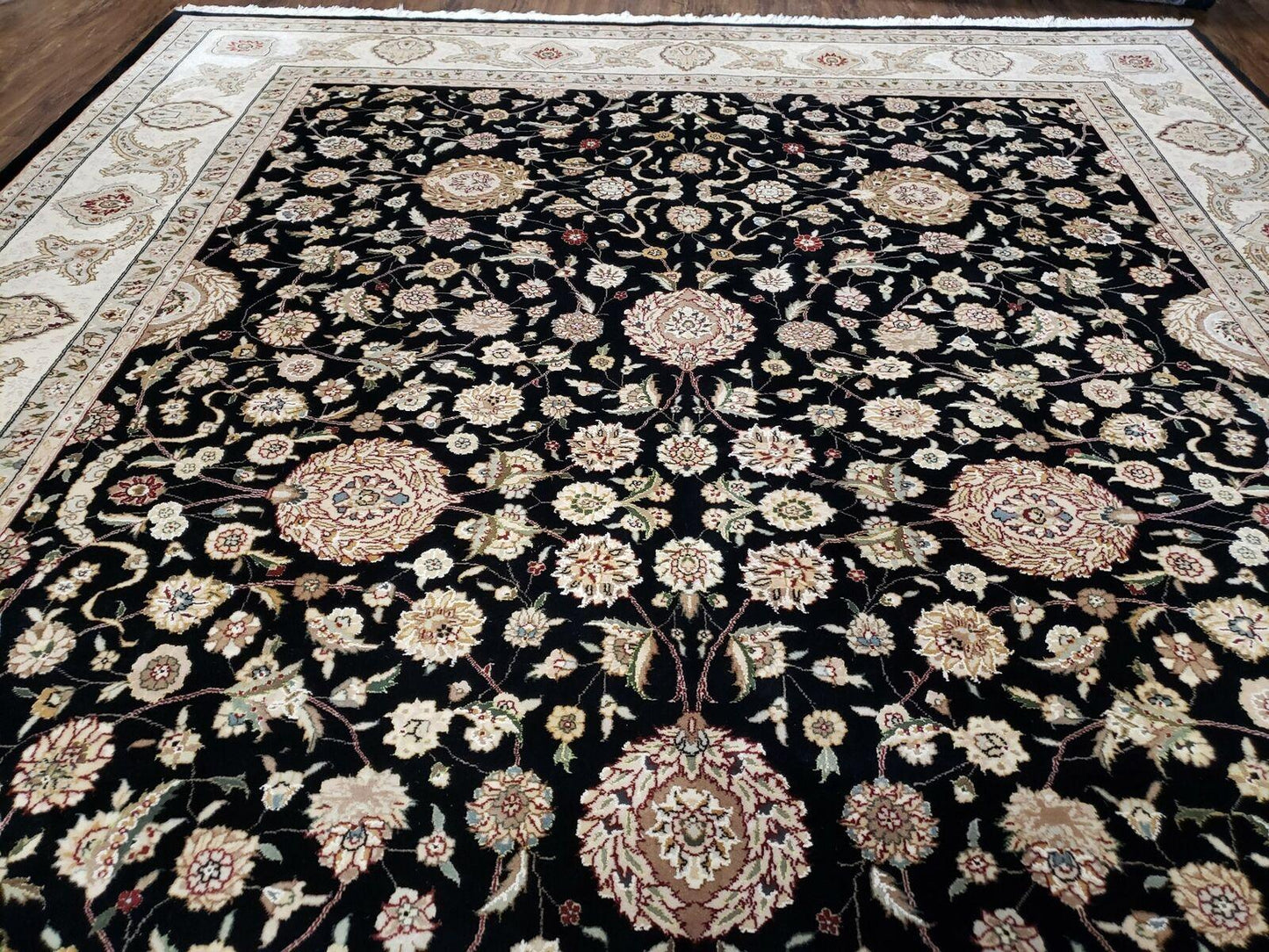 8' 5" X 11' 6" Vintage Handmade Oriental Floral Wool Rug Silk Accent Black Nice