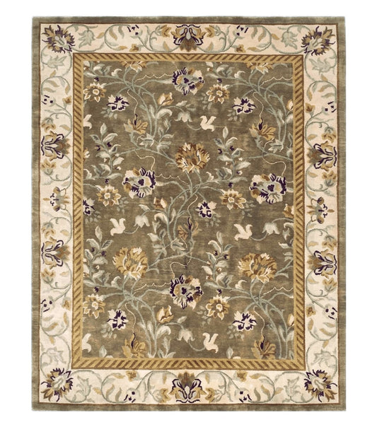 8x10 Tibetan Rug, Green & Beige Floral Rug, Large Handmade Wool Rug