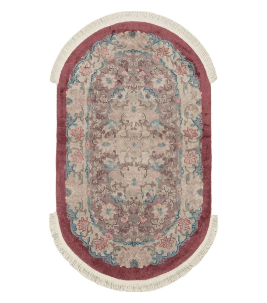 Oval Chinese Art Deco Rug 3x5 Vintage Wool Carpet