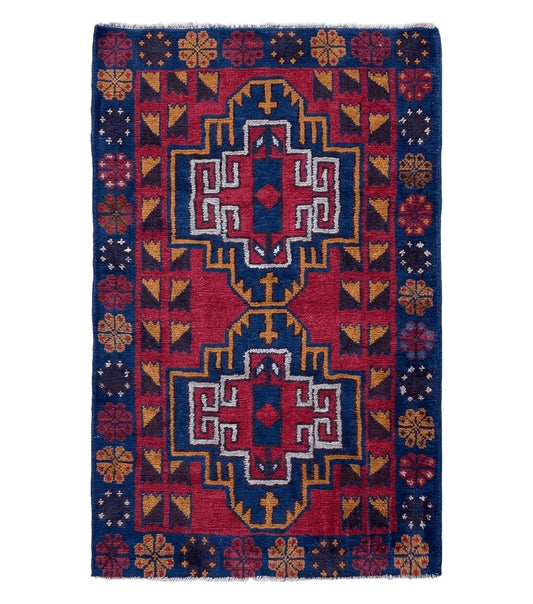 3 X 4.3 Vintage Handmade Tribal Wool Rug Balouch Rug Afghan Rug Red Blue Nice