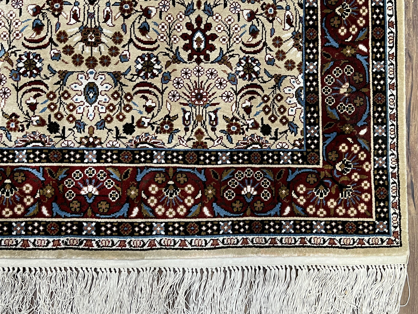 Fine Sino-Persian Silk Rug 3x5, High Quality Silk Carpet, Handmade Small Silk Rug, Allover Repeated Motif, Tan Maroon Blue Vintage Silk Rug