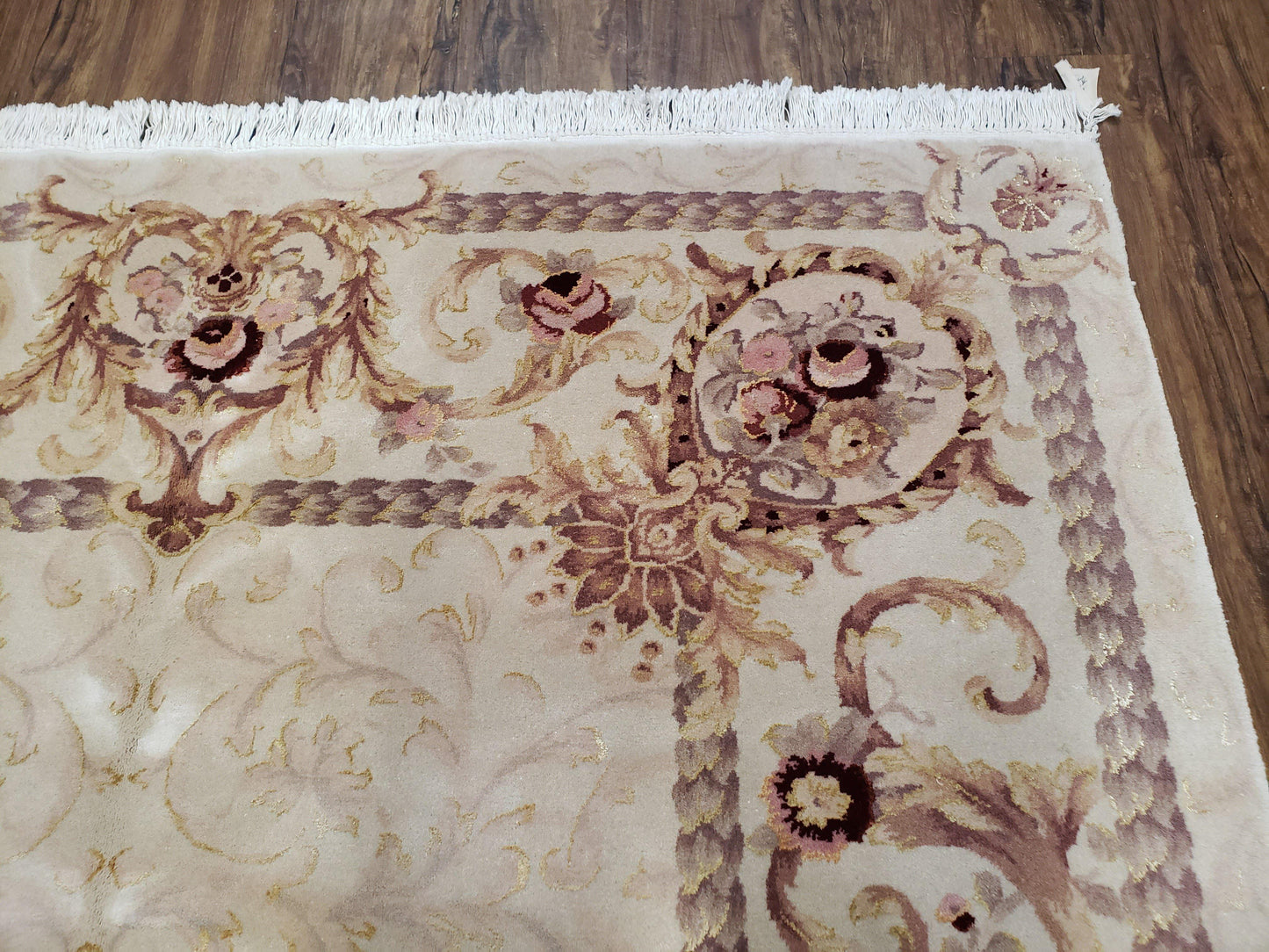 Vintage Ivory Chinese Aubusson Area Rug 6x9, Wool & Silk, Hand-Knotted 120 Line Fine Rug, European Design Carpet, 6 x 9 Master Signature Rug