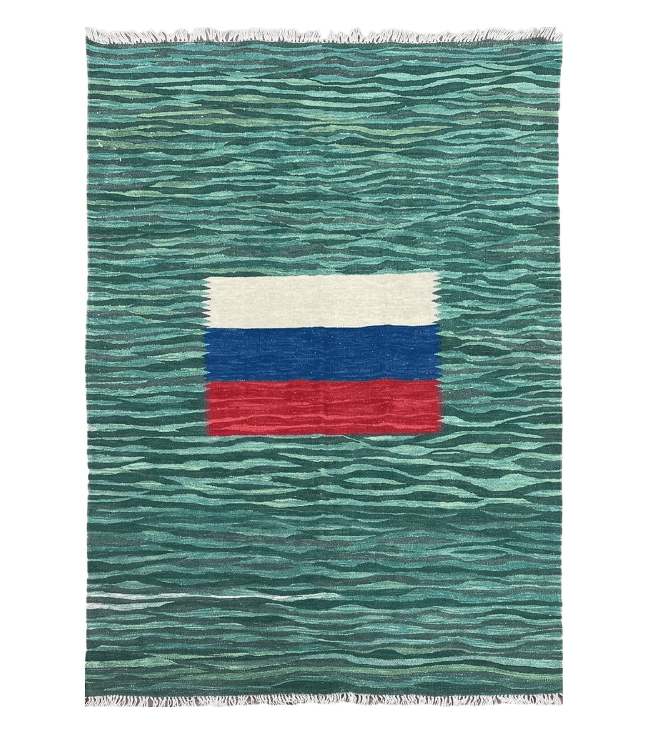 Sea Green Kilim Area Rug, White Blue Red Stripes, Russian Flag Rug, Flatweave Hand Knotted Carpet, Turkish Carpet, Wool, New, 5' 6" x 7' 10"