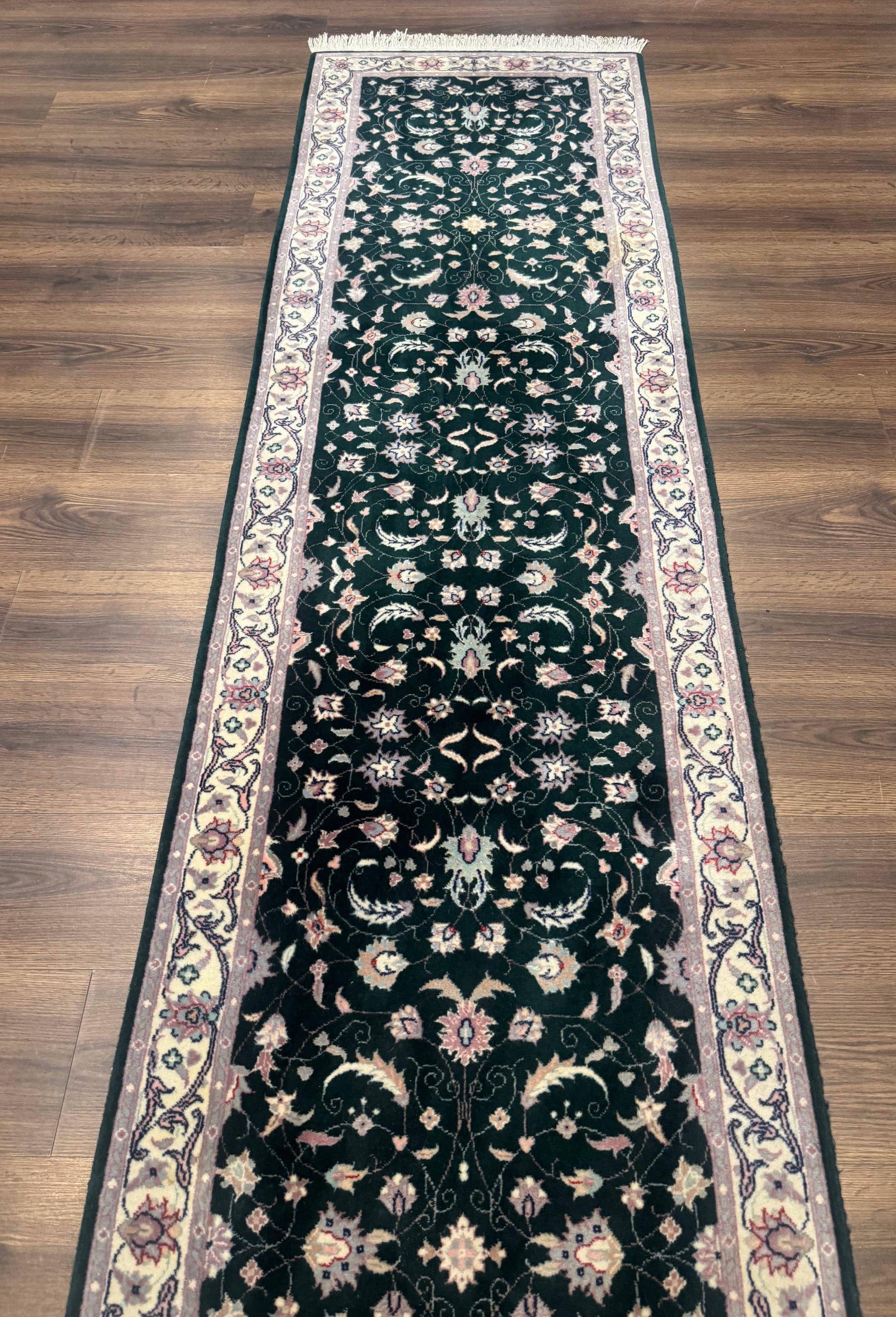 Pak Persian Runner Rug 2.6 x 10, Dark Green and Beige, Floral Allover