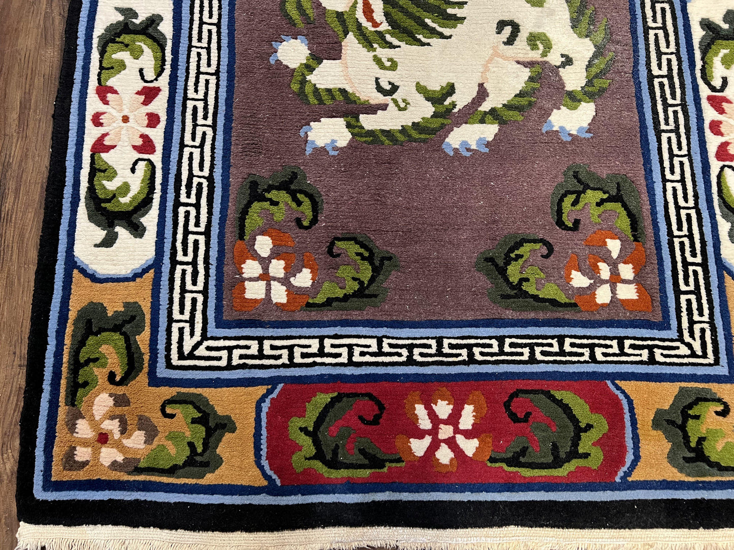 Chinese Art Deco Rug 3 x 5.5 with Animal Pictorials, Vintage Chinese Peking Wool Area Rug, Dark Puce Maroon Ivory, Hand Knotted Soft Carpet