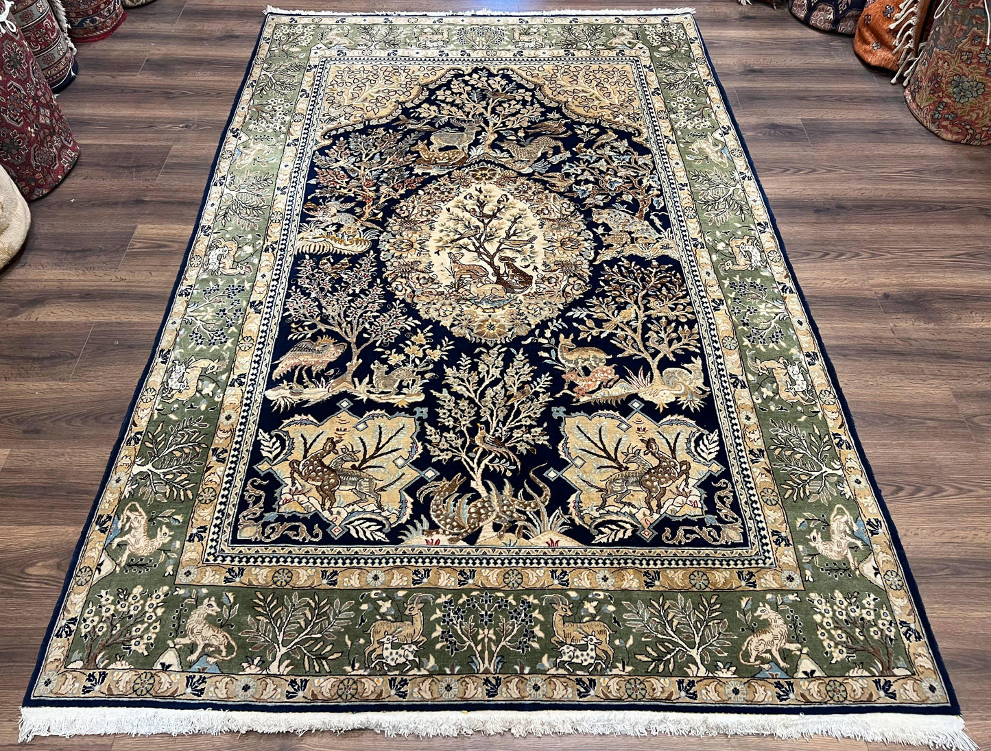 Wonderful Persian Qum Rug 6x9, Animal Pictorials, Tree of Life, Deer Birds, Hand Knotted Oriental Ghom Carpet, Semi Antique Vintage, Navy Blue Green