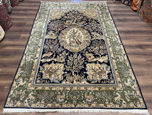 Wonderful Persian Qum Rug 6x9, Animal Pictorials, Tree of Life, Deer Birds, Hand Knotted Oriental Ghom Carpet, Semi Antique Vintage, Navy Blue Green