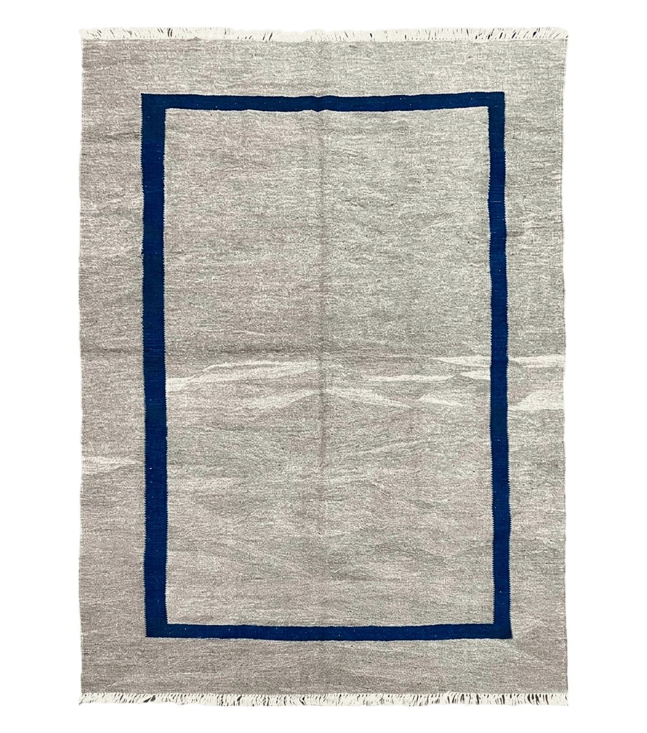 Geometric Turkish Kilim Rug 5' 7" x 7' 9", Flatweave Carpet, Minimal Design, Anatolian Carpet, Gray, Geometric, Dark Blue, Hand-Knotted, New