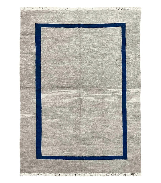 Geometric Turkish Kilim Rug 5' 7" x 7' 9", Flatweave Carpet, Minimal Design, Anatolian Carpet, Gray, Geometric, Dark Blue, Hand-Knotted, New