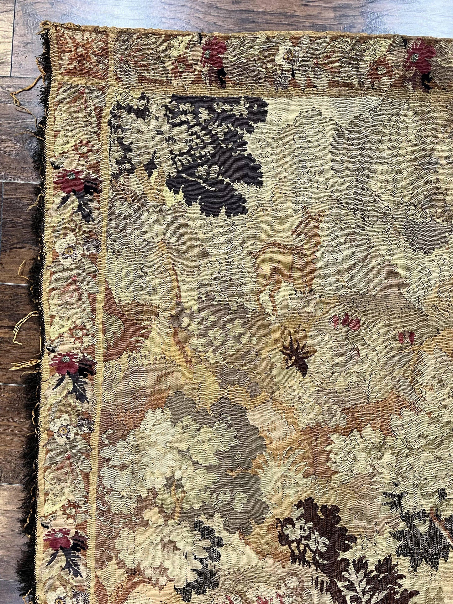Antique French Tapestry 6x5 ft, European Handmade Wool Aubusson Weave Vintage Tapestry