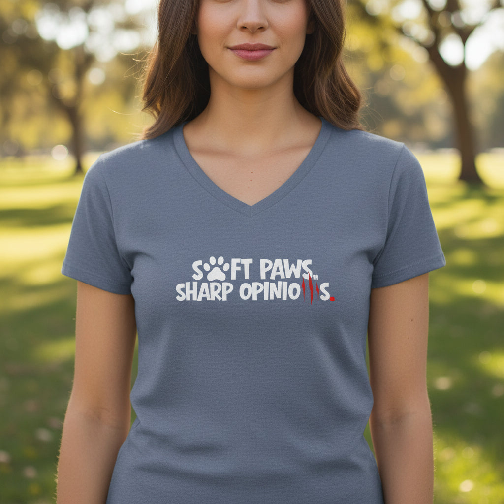 Soft Paws, Sharp Opinions Women’s V-Neck Tee