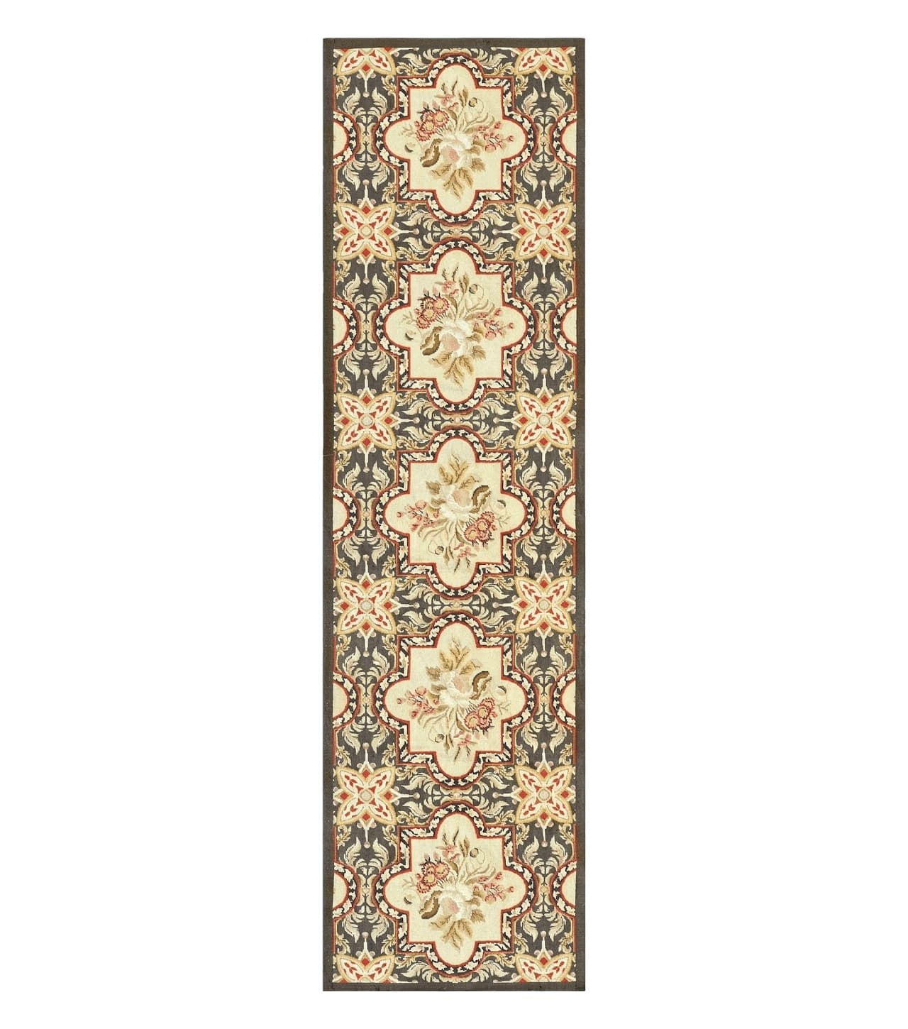 Needlepoint Runner Rug 2.8 x 9.8, Brown and Beige, Handwoven Handmade Floral French European Design, Vintage Flatweave 10ft Wool Runner Rug
