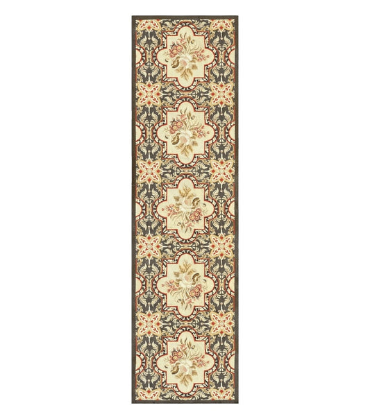 Needlepoint Runner Rug 2.8 x 9.8, Brown and Beige, Handwoven Handmade Floral French European Design, Vintage Flatweave 10ft Wool Runner Rug