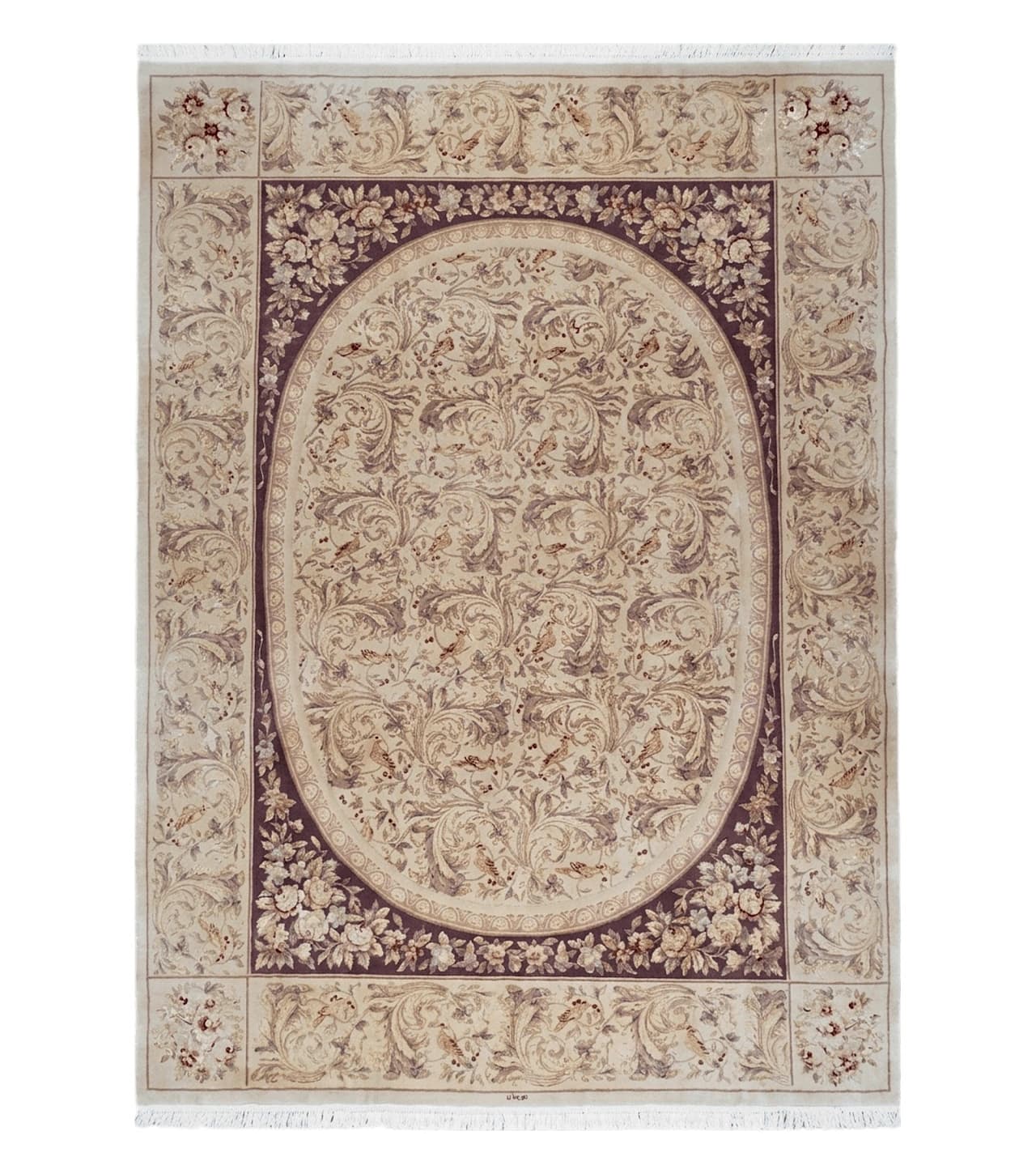 Chinese Aubusson Savonnerie Area Rug 8x12, Vintage 120 Line Carpet, Wool and Silk Hand-Knotted, Birds Flowers Master Weaver Signature