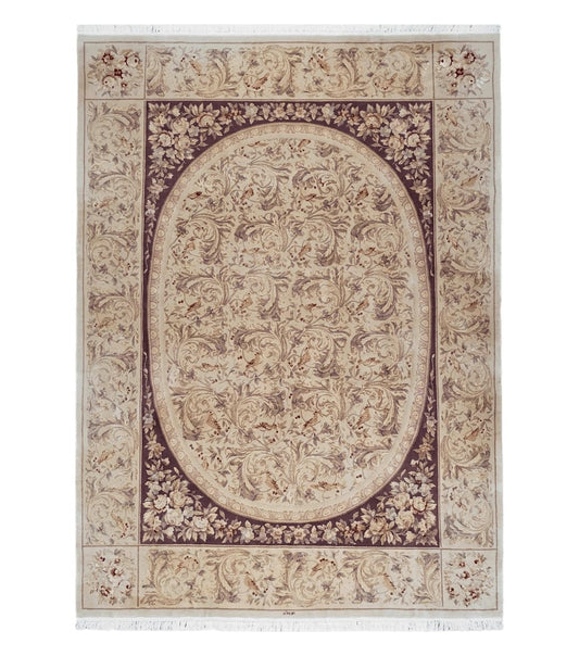 Chinese Aubusson Savonnerie Area Rug 8x12, Vintage 120 Line Carpet, Wool and Silk Hand-Knotted, Birds Flowers Master Weaver Signature