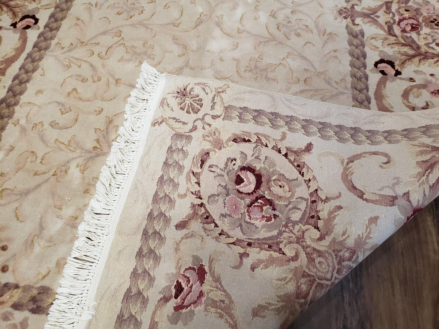 Vintage Ivory Chinese Aubusson Area Rug 6x9, Wool & Silk, Hand-Knotted 120 Line Fine Rug, European Design Carpet, 6 x 9 Master Signature Rug